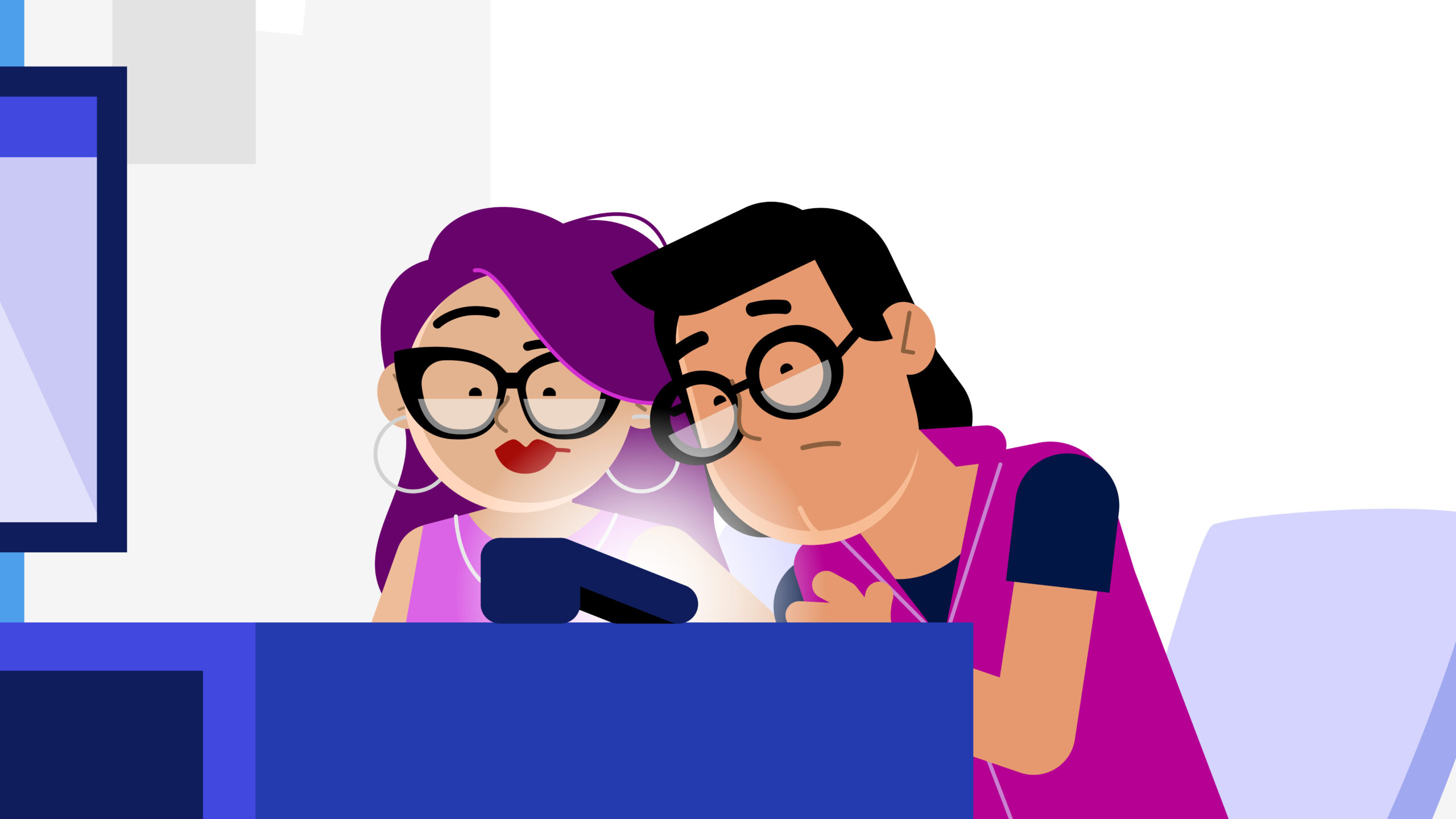 Standbild aus dem Animationsfilm "Die verflixten Touchscreens!": Hinter einem blauen Tisch sitzt ein Paar, rechts Nick und links Nelly, die Hauptfiguren des Films. Sie schauen aus kurzer Distanz und mit skeptischem Gesichtsausdruck auf ein dunkles Kartenlesegerät, das vor ihnen auf dem Tisch liegt. Beide tragen große, schwarzumrandete Brillen. Nicks kinnlange Haare sind schwarz mit einer Tolle über der Stirn. Er trägt ein dunkles T-Shirt, darüber eine lilafarbene Weste. Nelly hat lange, lilafarbene Haare, sie trägt ein lilafarbenes, ärmelloses Top, eine Halskette und Kreolen. Am linken Bildrand ist ein Teil eines Computerbildschirms zu sehen.